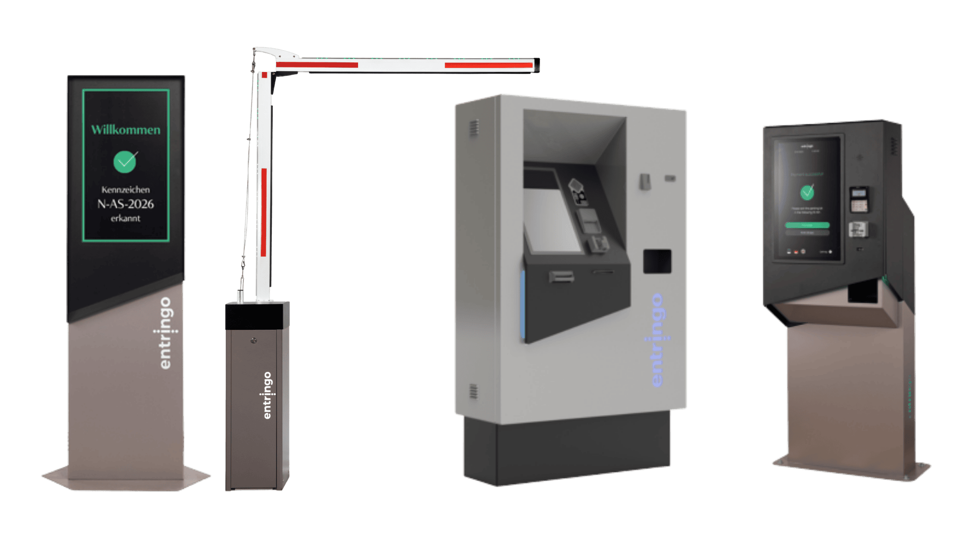 Schrankenanlage mit Kassenautomat, Bezahlterminal und Wandkiosk — Komplettsystem