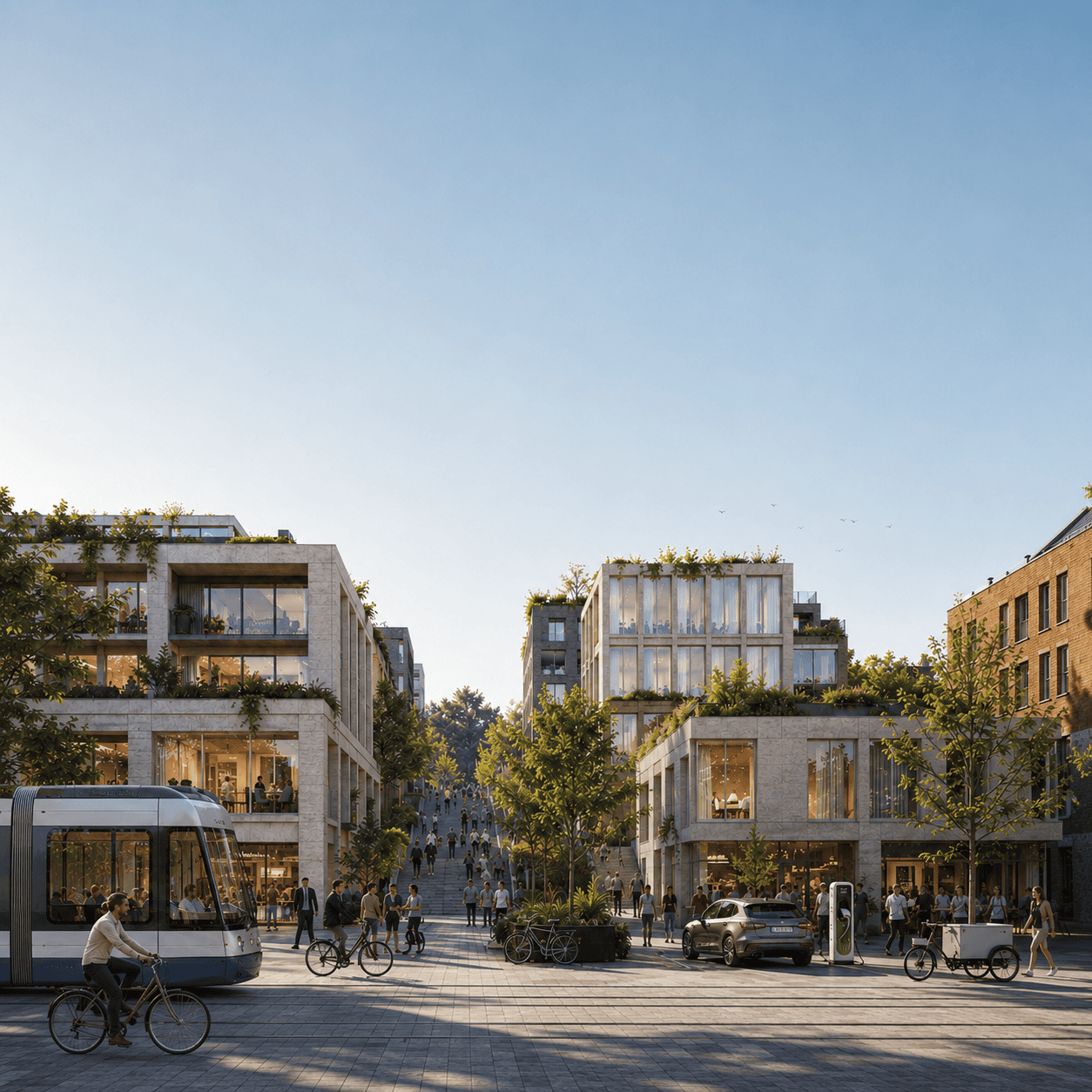 Urbaner Straßenraum mit ÖPNV, Radverkehr und E-Ladestation